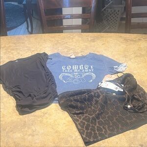 Juniors lot of 3 shirts: T-shirt, Ruched crop, and leopard print halter